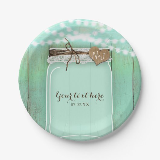 Assiettes En Carton Grand Mason Jar & Lumières Mint Rustique Mariage (Devant)
