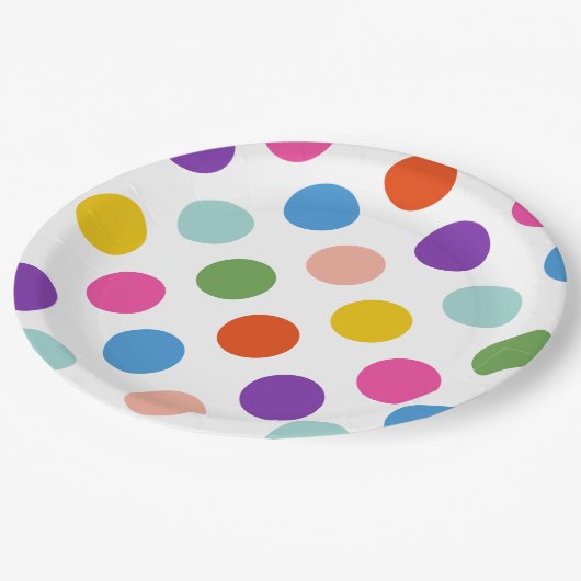 Assiettes En Carton Grand Motif Pois couleur arc-en-ciel (Angle)