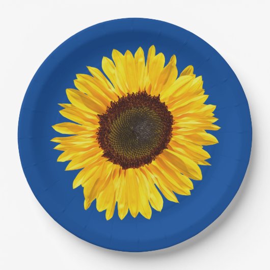 Assiettes En Carton Grand tournesol jaune sur Arrière - plan bleu (Devant)