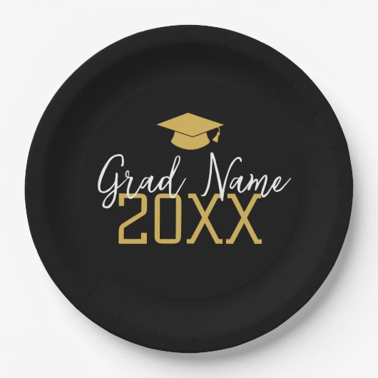 Assiettes En Carton Grande année - Nom et Casquette - Graduation d'or (Devant)