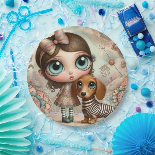 Assiettes En Carton Grande fille primitive avec chien (Fête)