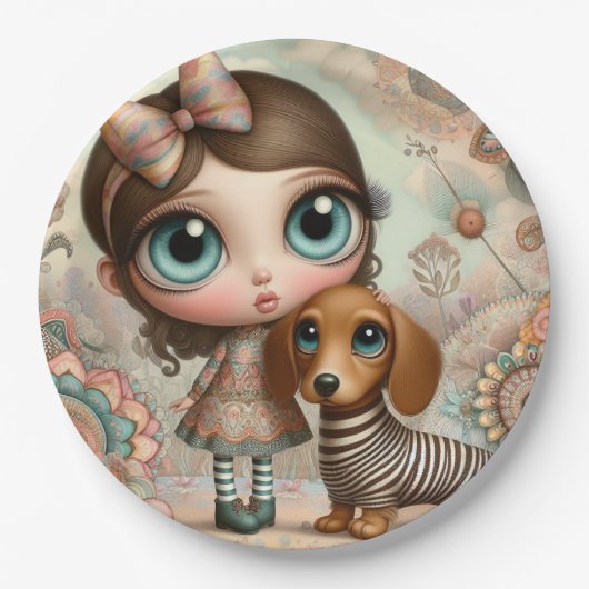 Assiettes En Carton Grande fille primitive avec chien (Devant)