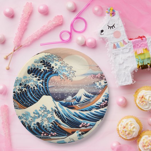 Assiettes En Carton Grande vague inspirée rose sakura esthétique (Fête)