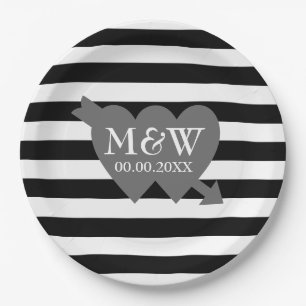 Assiettes En Carton Grandes plaques mariages rayées en noir et blanc