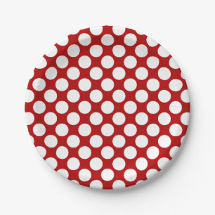 Assiettes En Carton Grands points rétro - blanc et rouge