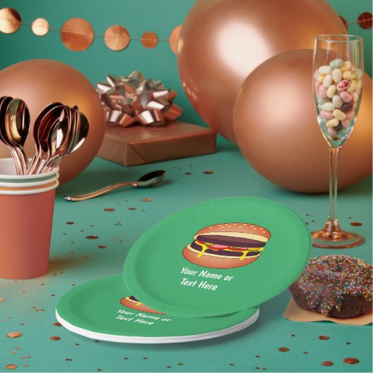 Assiettes En Carton Graphique Cheeseburger sur vert - Ajouter ses prop (Multi)