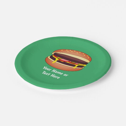 Assiettes En Carton Graphique Cheeseburger sur vert - Ajouter ses prop (Angle)