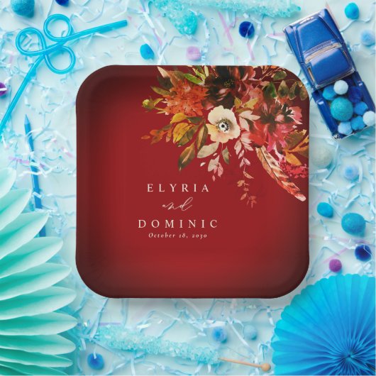 Assiettes En Carton Gras Chute Florale sur le Mariage rouge brûlé (Fête)