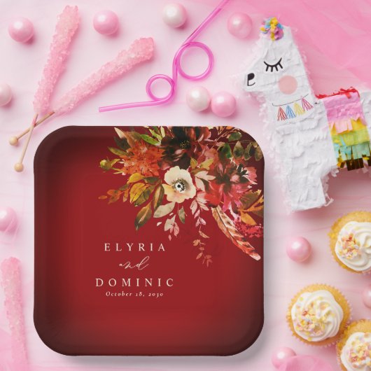 Assiettes En Carton Gras Chute Florale sur le Mariage rouge brûlé (Fête)