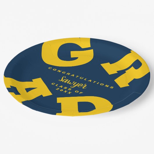 Assiettes En Carton Gras GRAD Jaune sur Bleu Graduation (Angle)