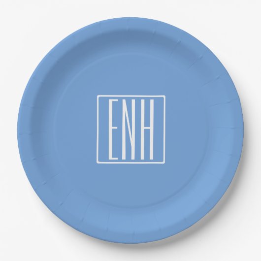 Assiettes En Carton Gras moderne 3 initiales Monogramme | Bleu doux (Devant)