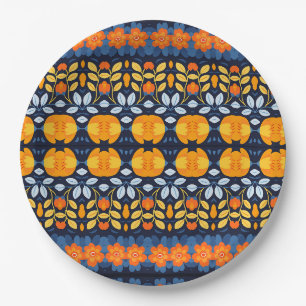 Assiettes En Carton Gras Retro Floral Illustration en orange