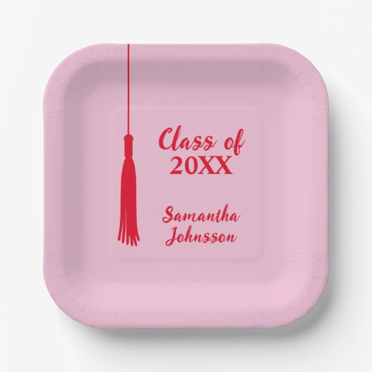Assiettes En Carton Gras Rose & Rouge Tassel Graduation personnalisée (Recto)
