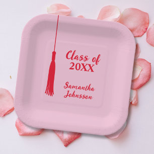 Assiettes En Carton Gras Rose & Rouge Tassel Graduation personnalisée