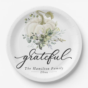 Assiettes En Carton Grateful Green Citrouille blanc Thanksgiving