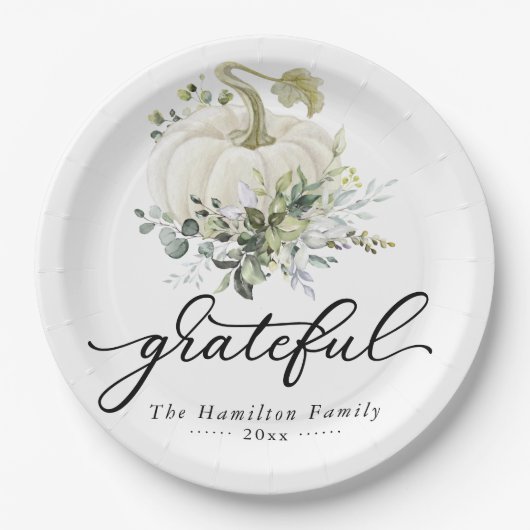 Assiettes En Carton Grateful Green Citrouille blanc Thanksgiving (Devant)