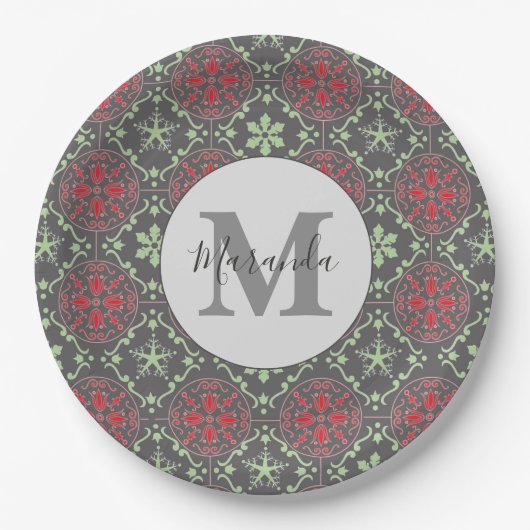 Assiettes En Carton Gray Nordic Flocon de neige Motif Monogramme d'hiv (Devant)