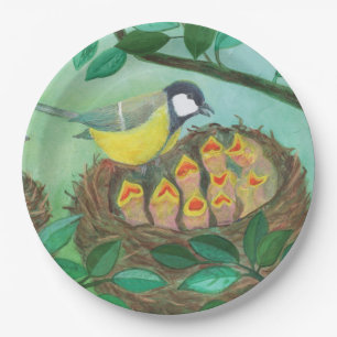 Assiettes En Carton Great Tit and Baby Birds in Spring Illustration