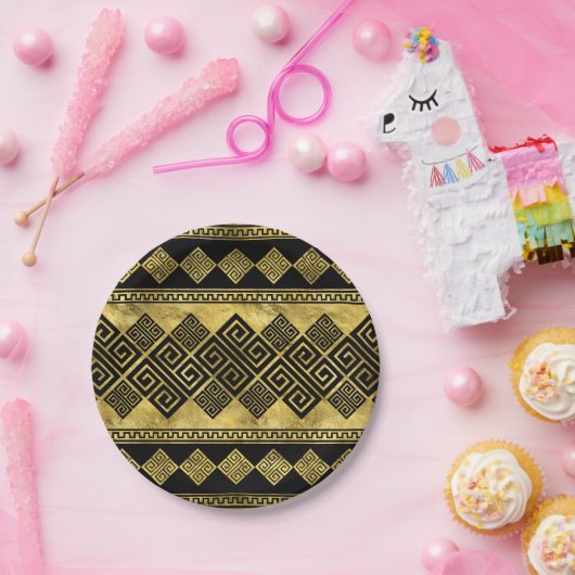 Assiettes En Carton Grec Meander - Clé grecque Noir et or (Fête)