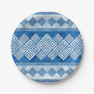 Assiettes En Carton Grec Meander - Clé grecque Pierres et perles bleu