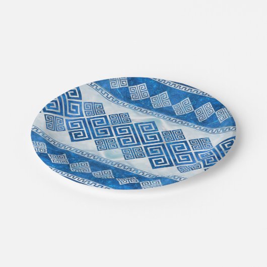 Assiettes En Carton Grec Meander - Clé grecque Pierres et perles bleue (Angle)