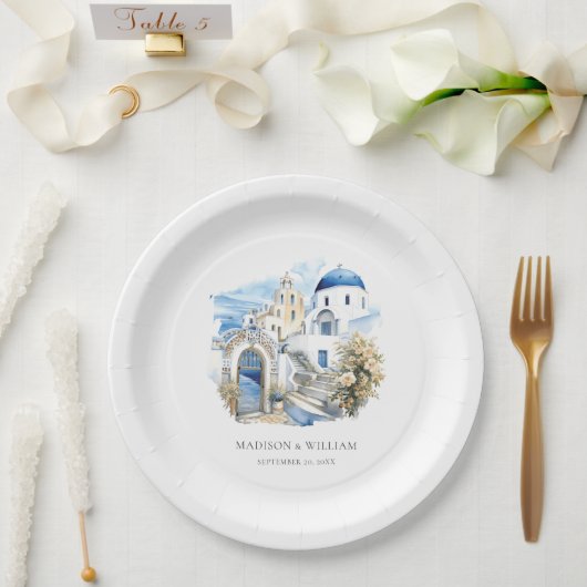 Assiettes En Carton Grèce Aquarelle Personnalisée Minimale Mariage (Mariage)