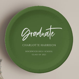 Assiettes En Carton Green and White Modern Script Graduation Party
