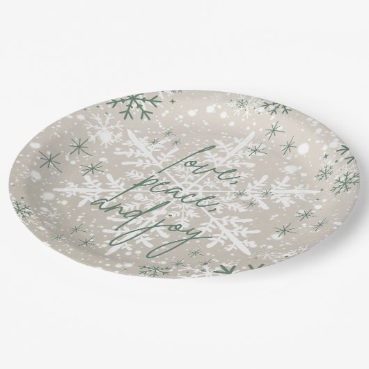 Assiettes En Carton Green Beige Snowflakes Love Peace Joy Holiday (Angle)