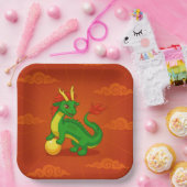 Assiettes En Carton Green Chinese Dragon on Red (Fête)