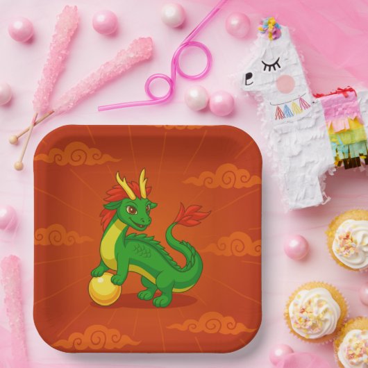Assiettes En Carton Green Chinese Dragon on Red (Fête)