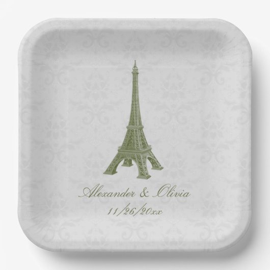 Assiettes En Carton Green Eiffel Tower Mariage damassé Douche (Recto)