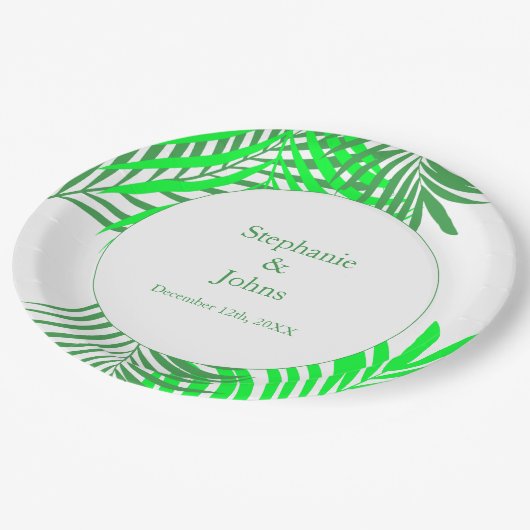 Assiettes En Carton Green Feuille Palm Tree Art Mariage élégant (Angle)