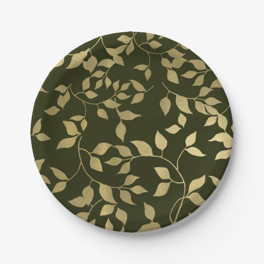 Assiettes En Carton Green & Gold Faux Foil Mariage Feuille botanique (Devant)