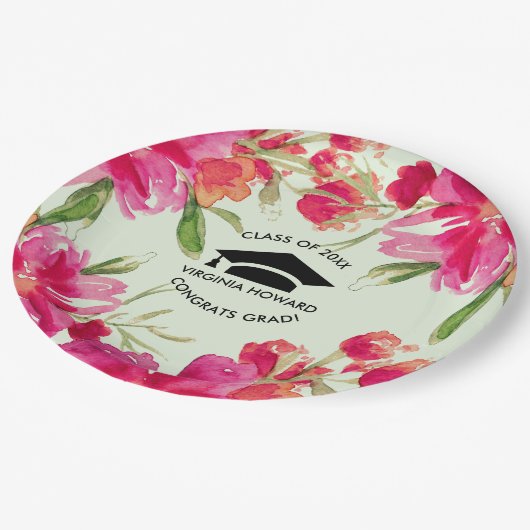 Assiettes En Carton Green Mint Fuchsia Floral Graduation Party (Angle)