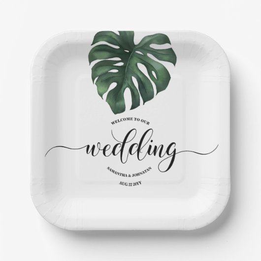 Assiettes En Carton Green Monstera Leaf Mariage bienvenue (Recto)