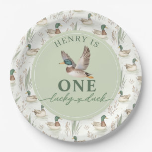 Assiettes En Carton Green One Lucky Duck 1er Plaques papier d'annivers