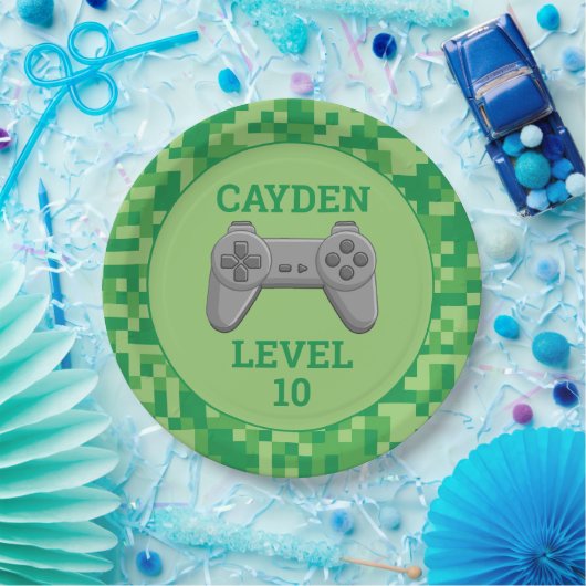 Assiettes En Carton Green Pixelellelevel up Video Game Anniversaire (Fête)