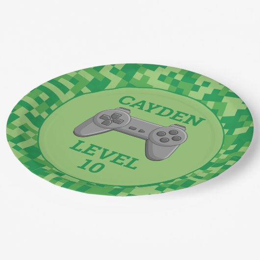 Assiettes En Carton Green Pixelellelevel up Video Game Anniversaire (Angle)