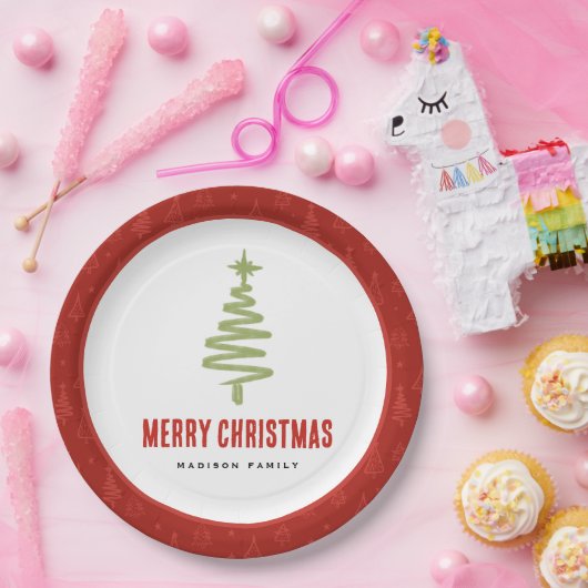 Assiettes En Carton Green & Red Minimal Noël Arbre Famille Vacances (Fête)