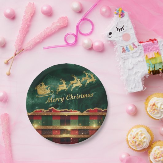 Assiettes En Carton Green Red Plaid Santa Sleigh Merry Christmas (Fête)