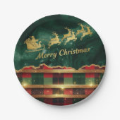 Assiettes En Carton Green Red Plaid Santa Sleigh Merry Christmas (Devant)