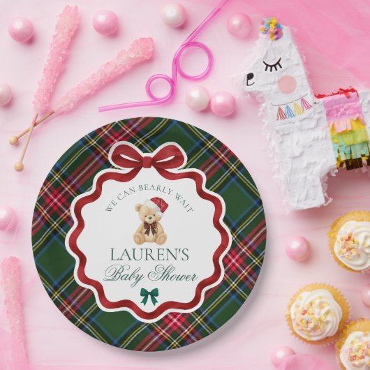 Assiettes En Carton Green Tartan Plaid Christmas Bear Baby Shower (Fête)