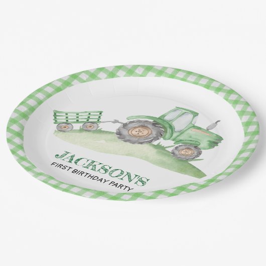 Assiettes En Carton Green Tractor Farm birthday paper plates (Angle)