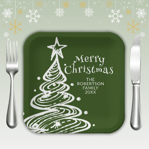 Assiettes En Carton Green White Christmas Tree Party