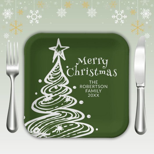 Assiettes En Carton Green White Christmas Tree Party