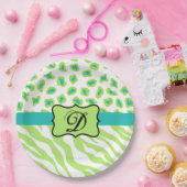 Assiettes En Carton Green White Zebra Leopard Skin Monogram (Fête)
