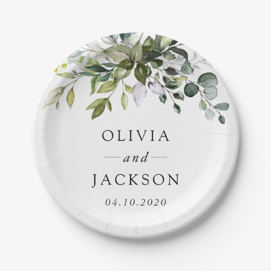 Assiettes En Carton Greenery, Eucalyptus Leaves, Botanical Wedding (Devant)