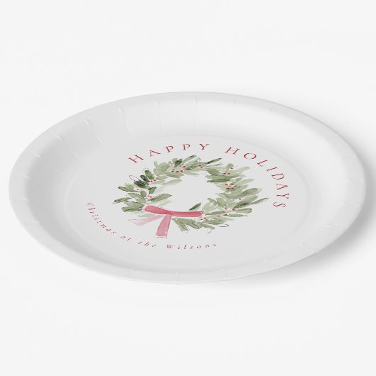 Assiettes En Carton Greenery Wreath & Red Bow Holiday (Angle)