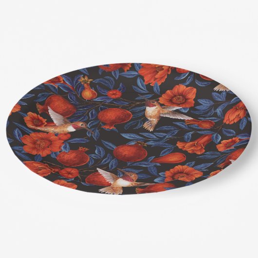 Assiettes En Carton Grenade et colibris/feuilles bleus sur noir (Angle)
