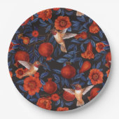 Assiettes En Carton Grenade et colibris/feuilles bleus sur noir (Devant)